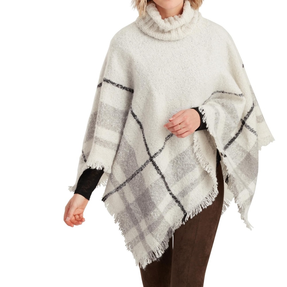 Ivory, Gray & Black Plaid Turtleneck Poncho NWT